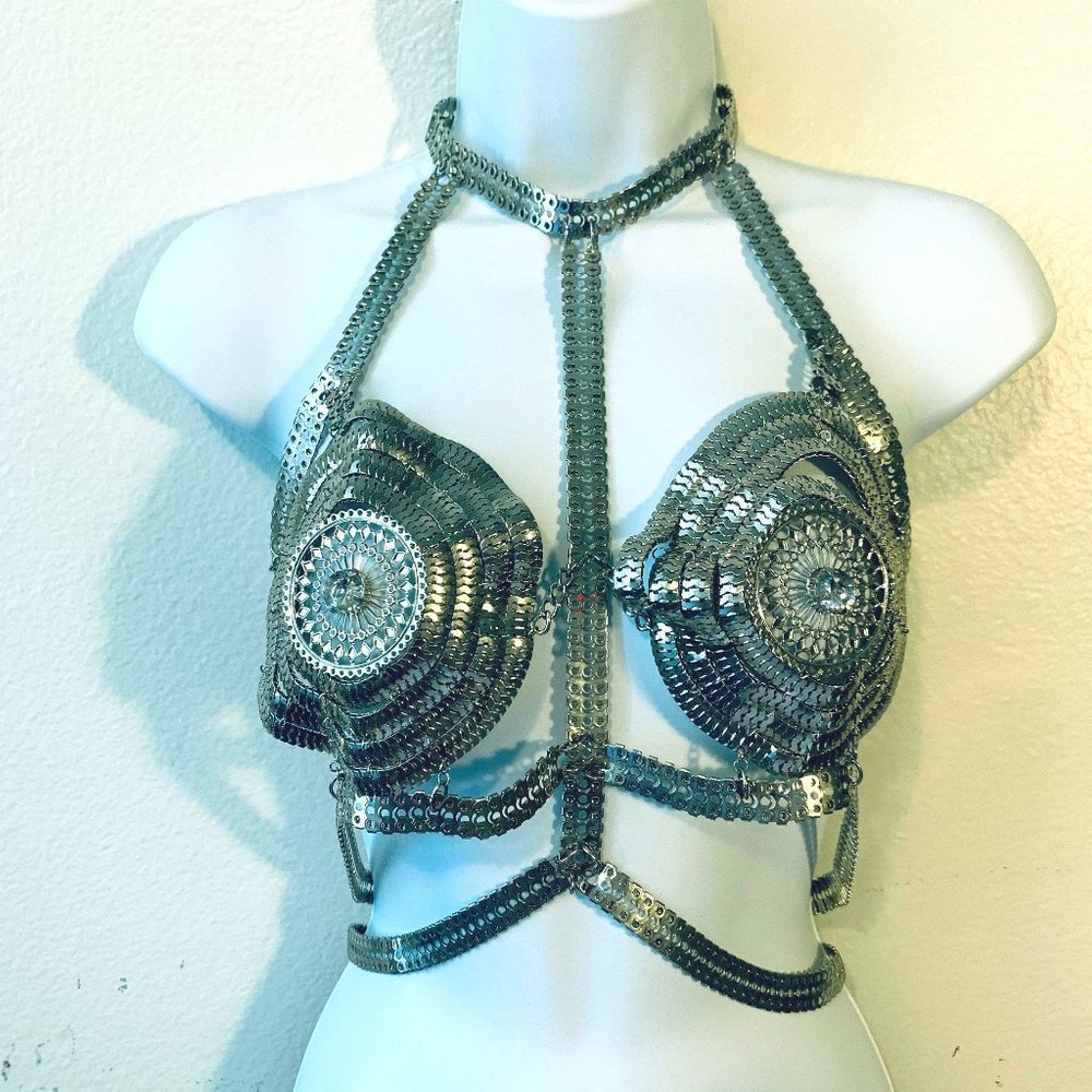 Metal Chainmail Silver Rhinestone Bra Top OOAK